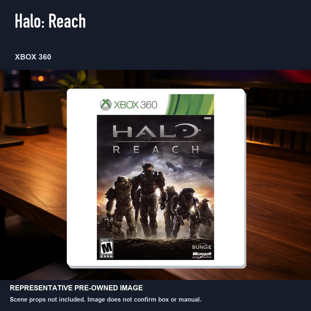 Representative pre-owned Halo: Reach (Xbox 360), product image in a styled desk scene.