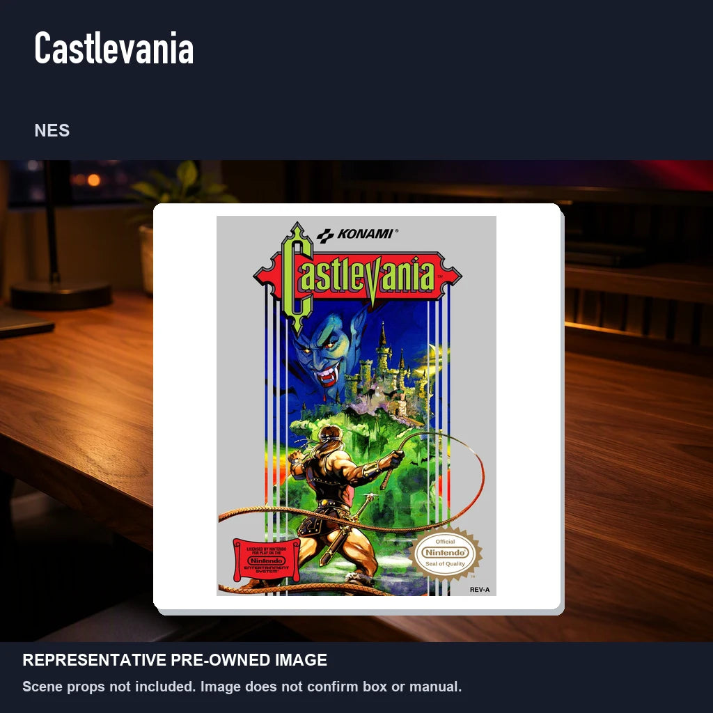 Representative pre-owned Castlevania (NES), product image in a styled desk scene.