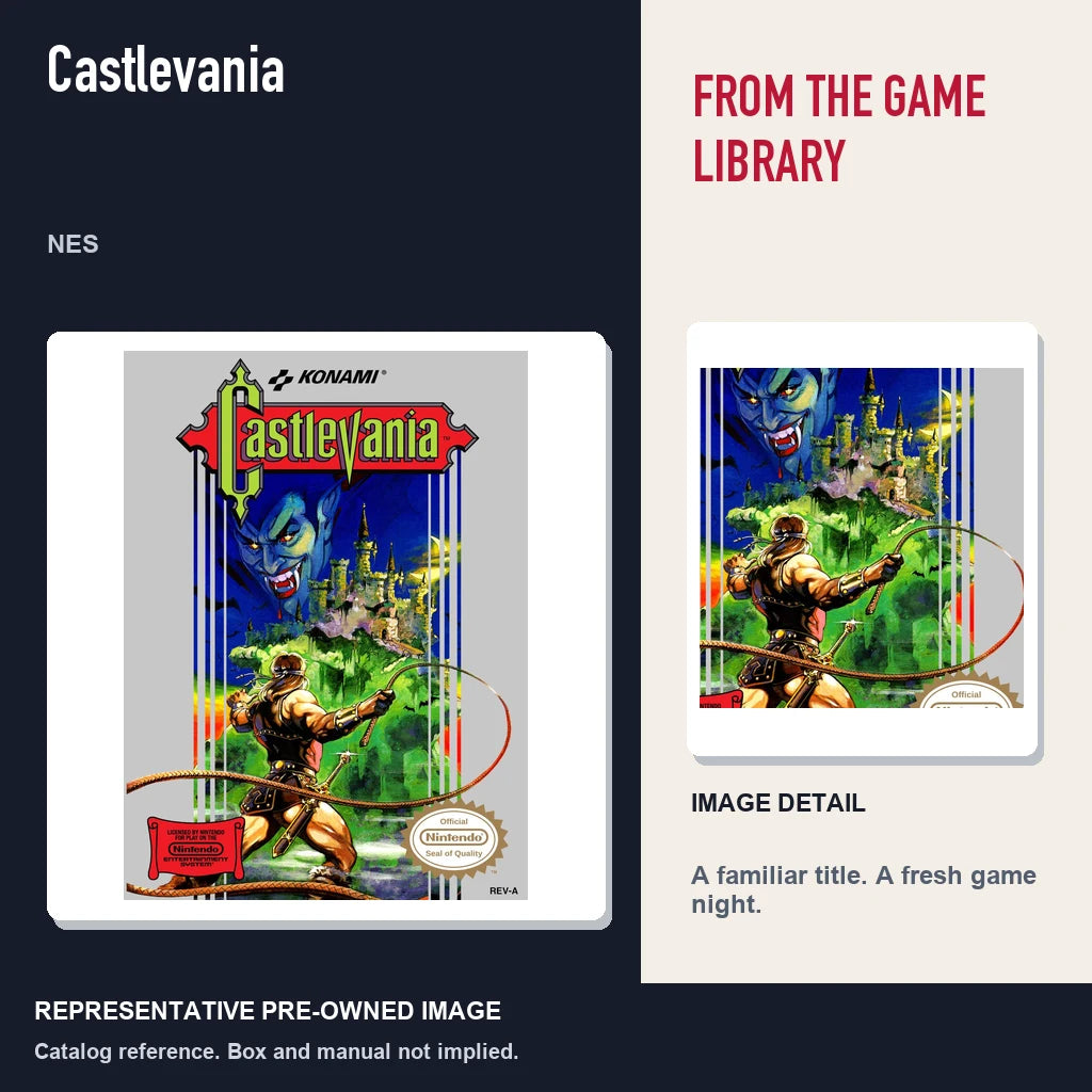 Representative pre-owned Castlevania (NES), editorial image and detail.