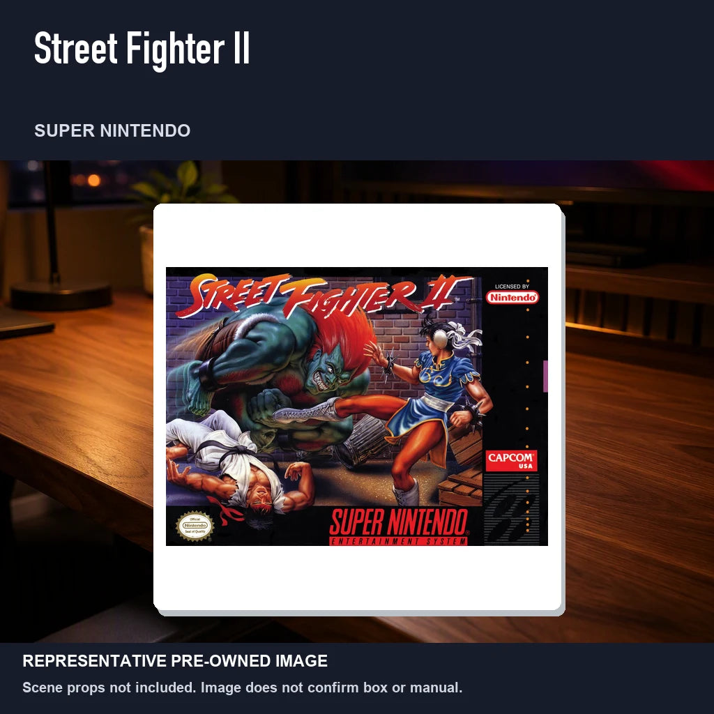 Representative pre-owned Street Fighter II (Super Nintendo), product image in a styled desk scene.