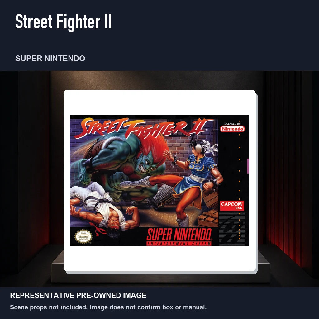 Representative pre-owned Street Fighter II (Super Nintendo), product image on a display panel.