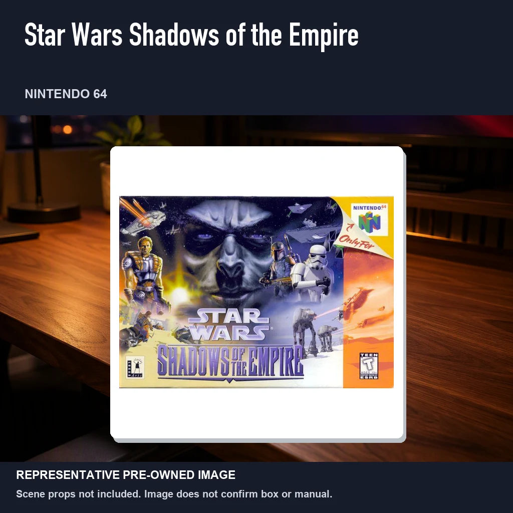 Representative pre-owned Star Wars Shadows of the Empire (Nintendo 64), product image in a styled desk scene.