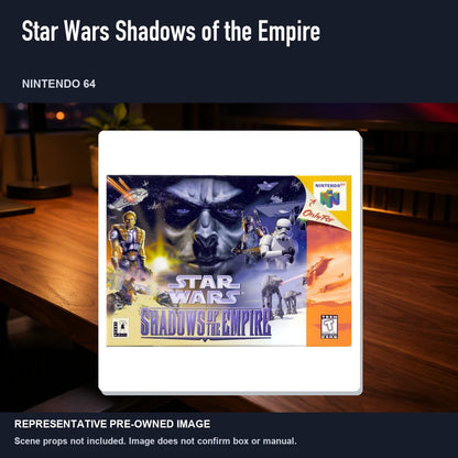 Representative pre-owned Star Wars Shadows of the Empire (Nintendo 64), product image in a styled desk scene.