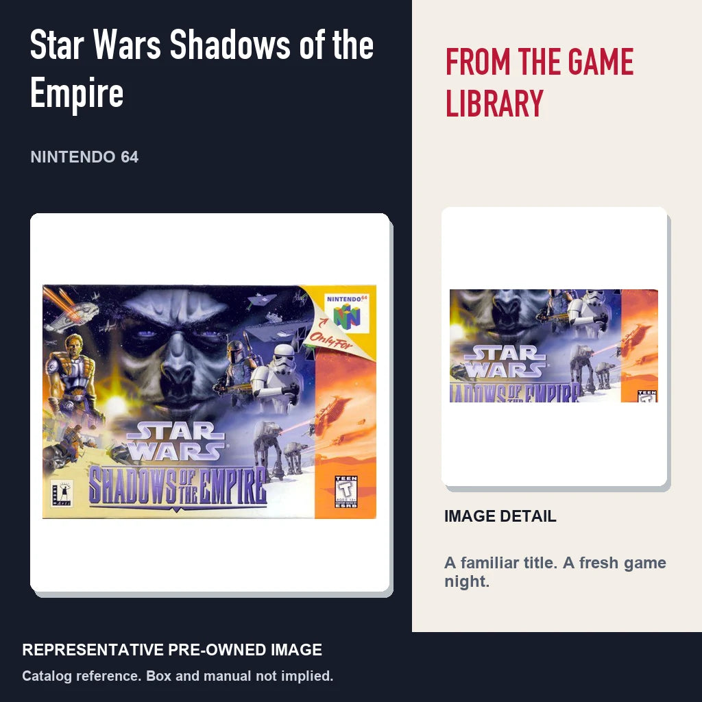 Representative pre-owned Star Wars Shadows of the Empire (Nintendo 64), editorial image and detail.