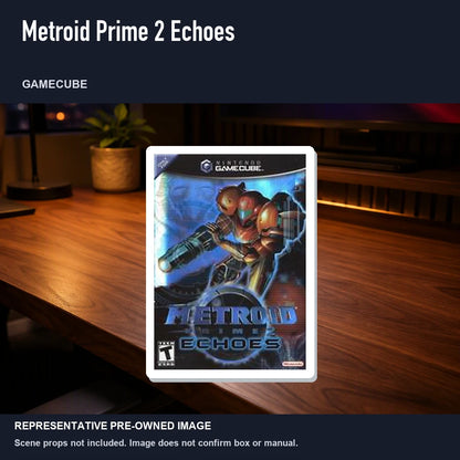Representative pre-owned Metroid Prime 2 Echoes (GameCube), product image in a styled desk scene.