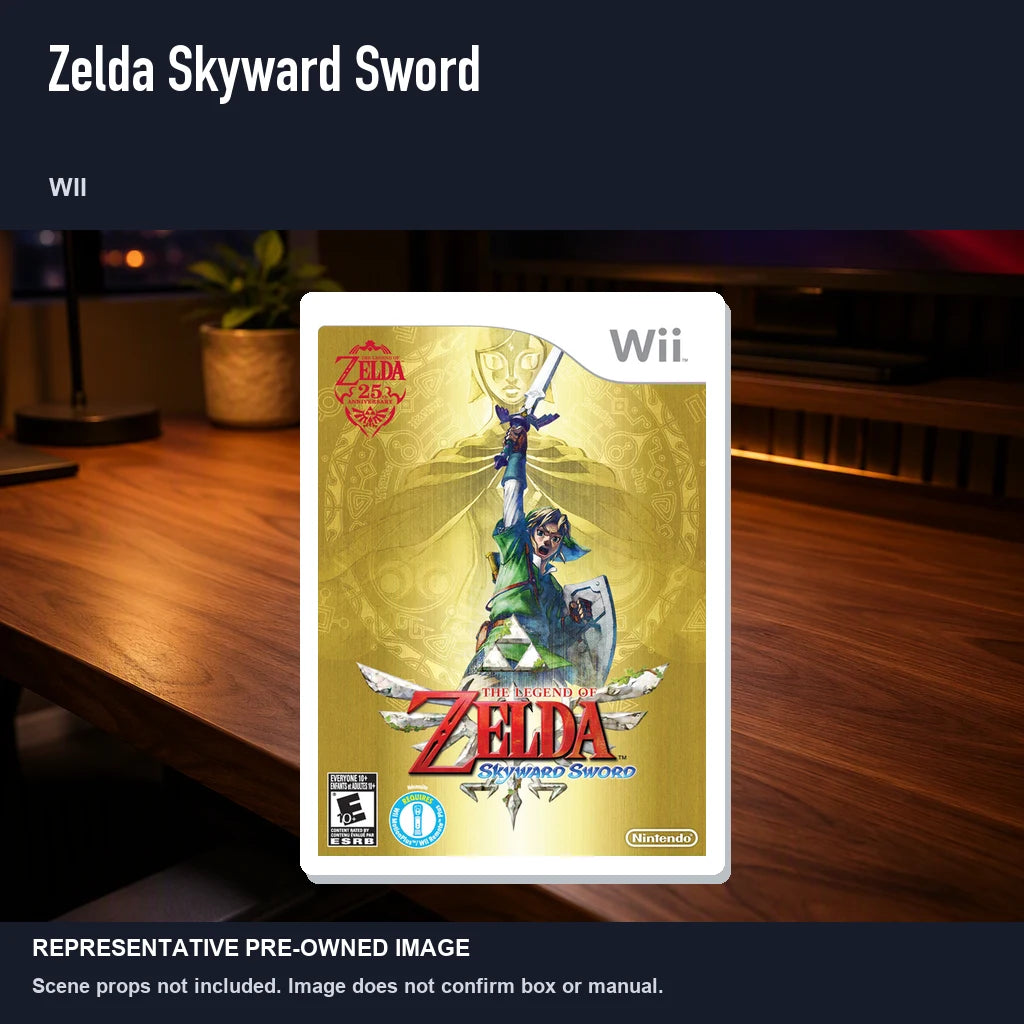 Representative pre-owned Zelda Skyward Sword (Wii), product image in a styled desk scene.