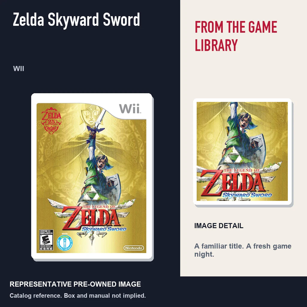 Representative pre-owned Zelda Skyward Sword (Wii), editorial image and detail.