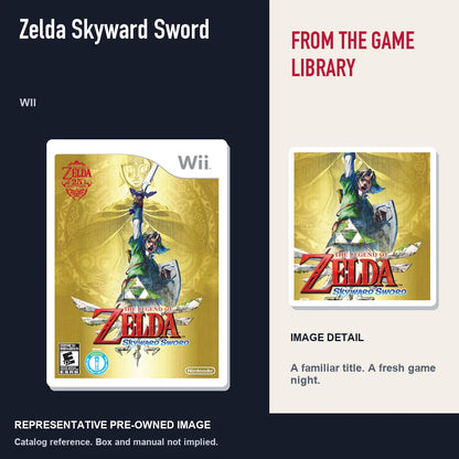 Representative pre-owned Zelda Skyward Sword (Wii), editorial image and detail.