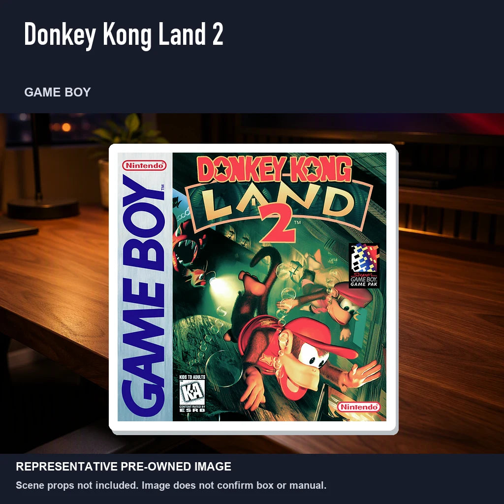 Representative pre-owned Donkey Kong Land 2 (Game Boy), product image in a styled desk scene.