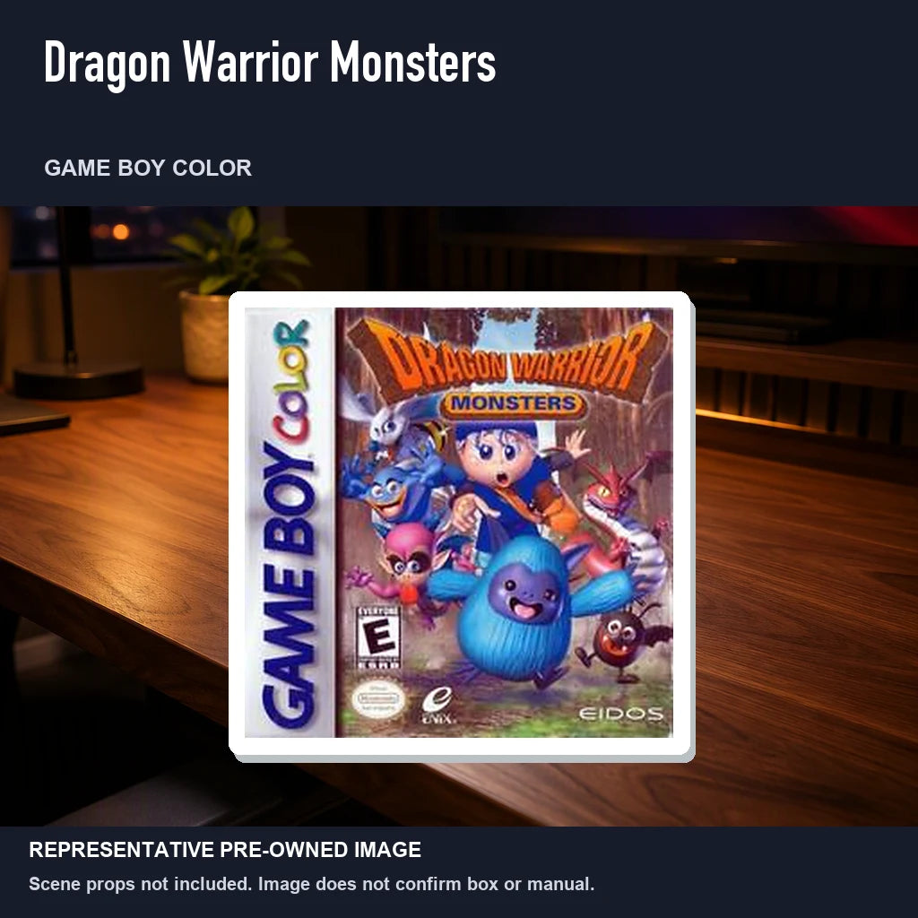 Representative pre-owned Dragon Warrior Monsters (Game Boy Color), product image in a styled desk scene.