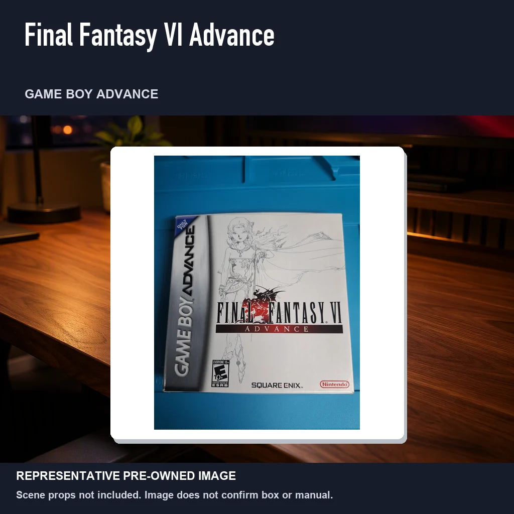 Representative pre-owned Final Fantasy VI Advance (Game Boy Advance), product image in a styled desk scene.