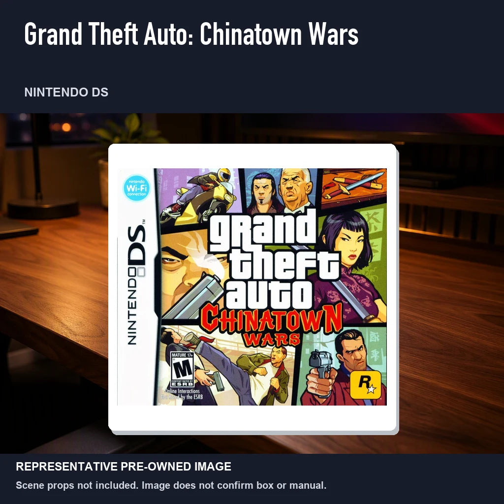 Representative pre-owned Grand Theft Auto: Chinatown Wars (Nintendo DS), product image in a styled desk scene.