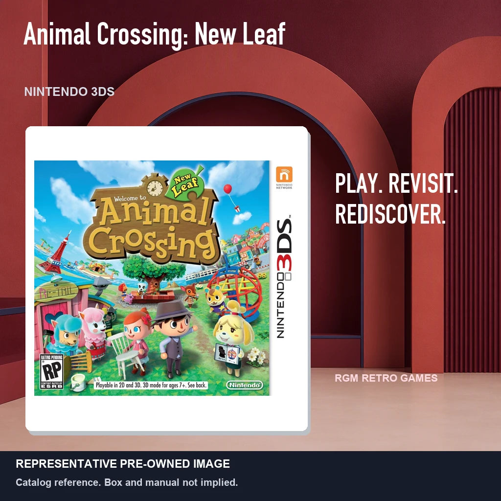 Representative pre-owned Animal Crossing: New Leaf (Nintendo 3DS), red retro product layout.