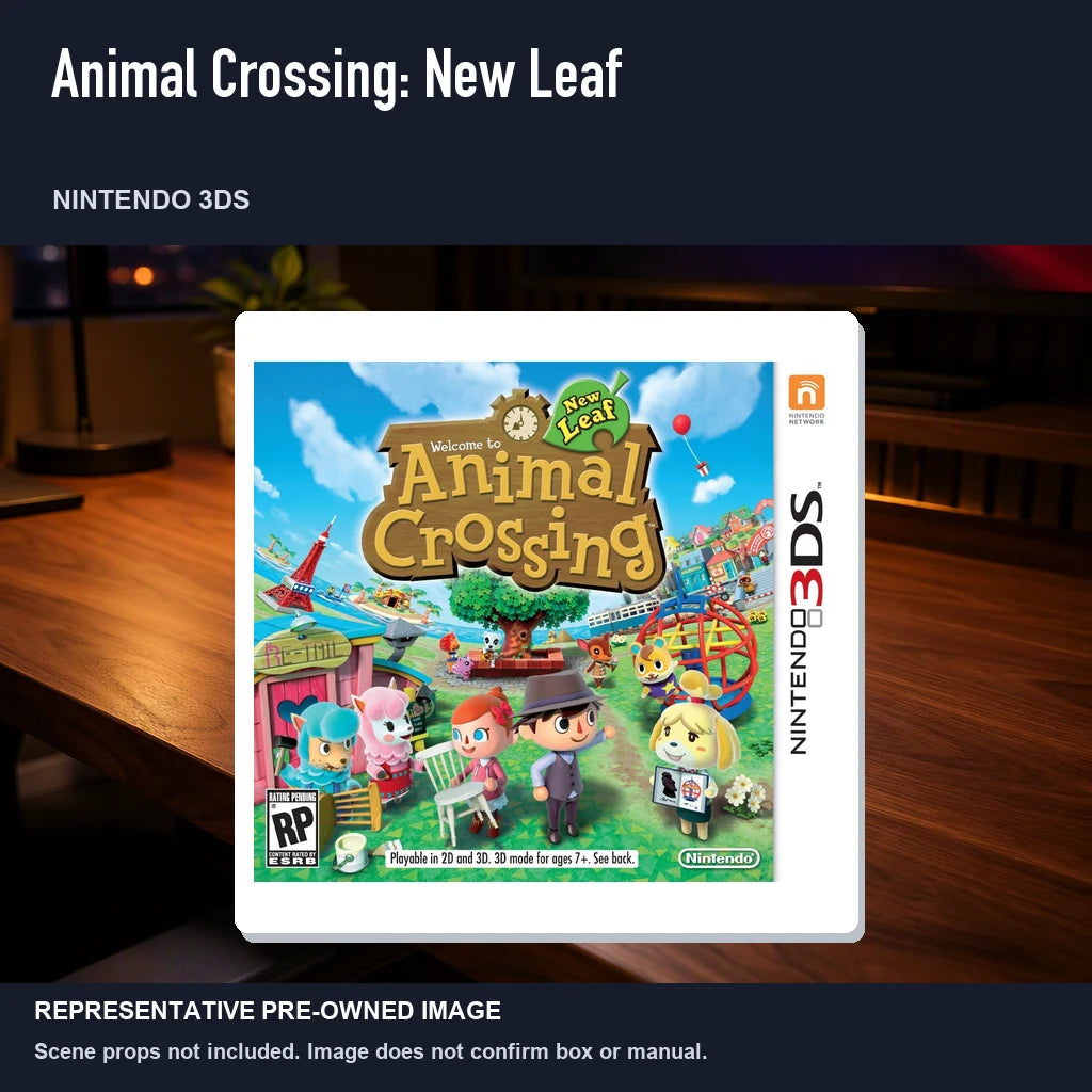 Representative pre-owned Animal Crossing: New Leaf (Nintendo 3DS), product image in a styled desk scene.