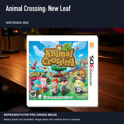 Representative pre-owned Animal Crossing: New Leaf (Nintendo 3DS), product image in a styled desk scene.