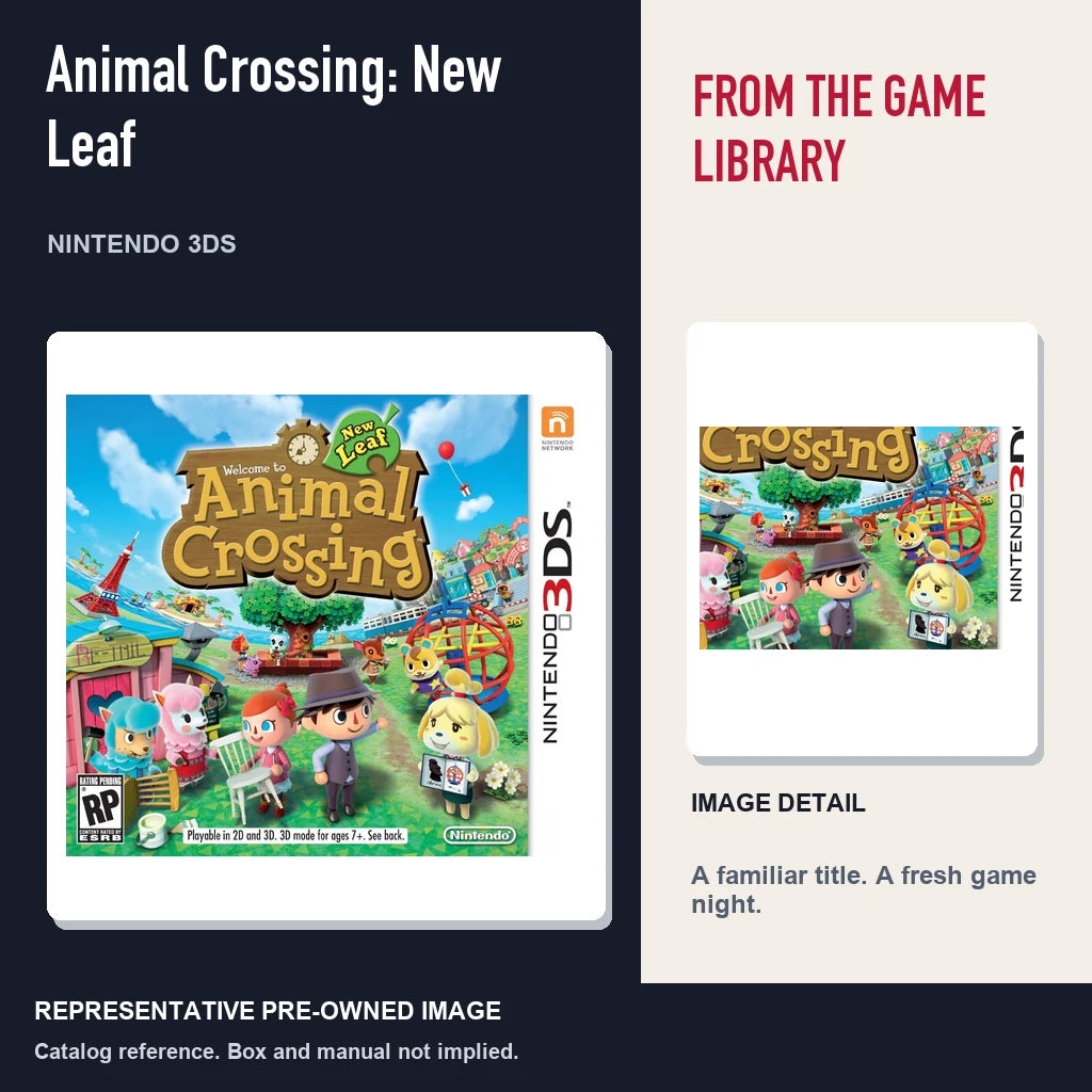 Representative pre-owned Animal Crossing: New Leaf (Nintendo 3DS), editorial image and detail.