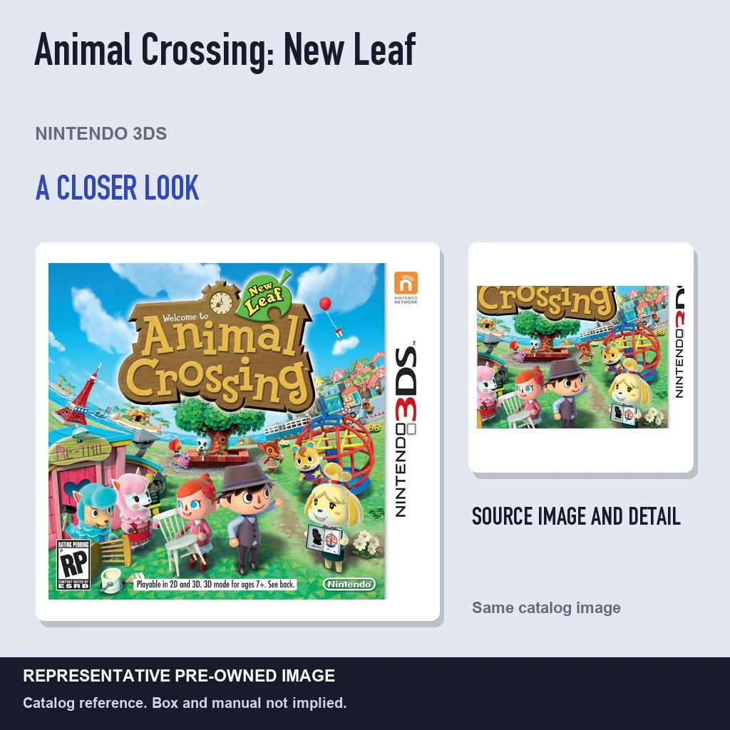 Representative pre-owned Animal Crossing: New Leaf (Nintendo 3DS), full image with detail inset.
