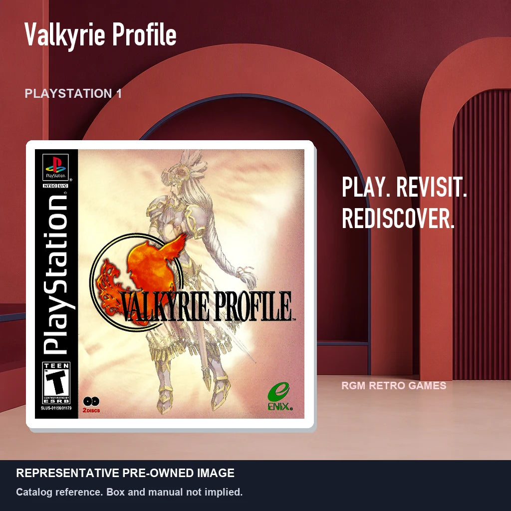 Representative pre-owned Valkyrie Profile (PlayStation 1), red retro product layout.