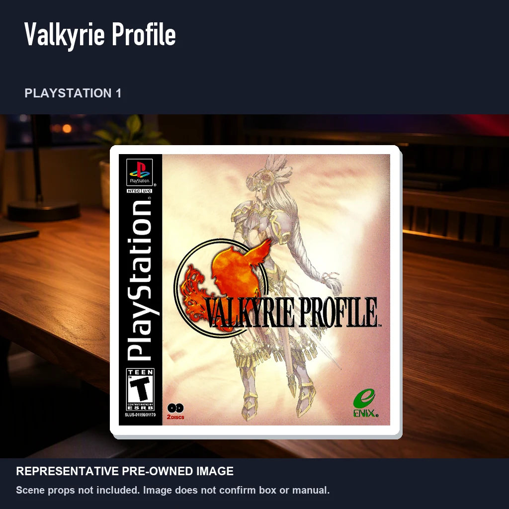 Representative pre-owned Valkyrie Profile (PlayStation 1), product image in a styled desk scene.