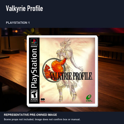 Representative pre-owned Valkyrie Profile (PlayStation 1), product image in a styled desk scene.