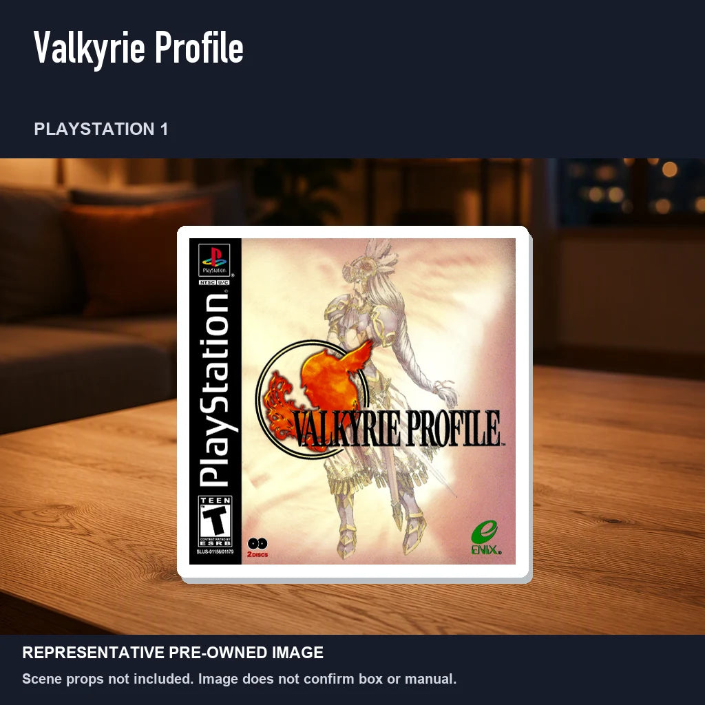 Representative pre-owned Valkyrie Profile (PlayStation 1), product image in a styled room scene.