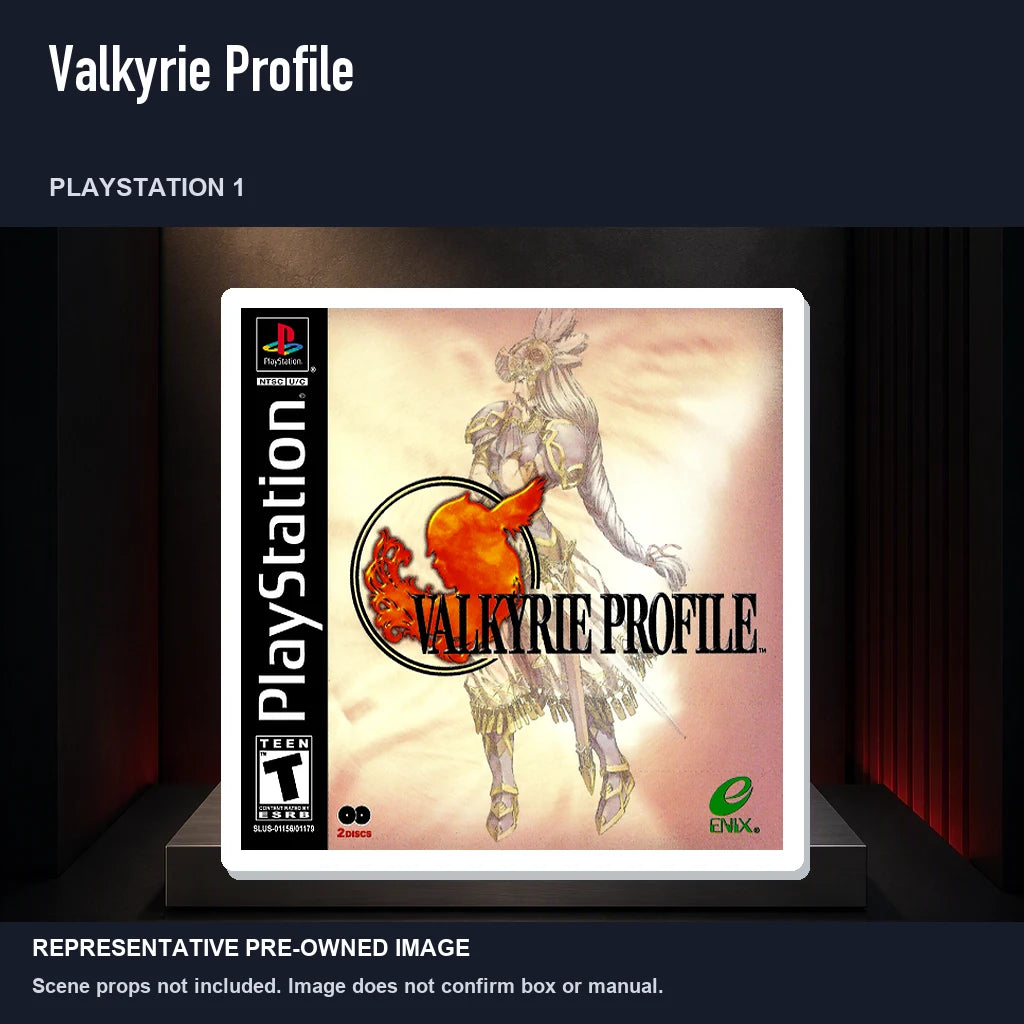 Representative pre-owned Valkyrie Profile (PlayStation 1), product image on a display panel.