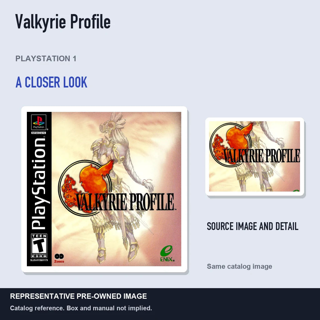 Representative pre-owned Valkyrie Profile (PlayStation 1), full image with detail inset.