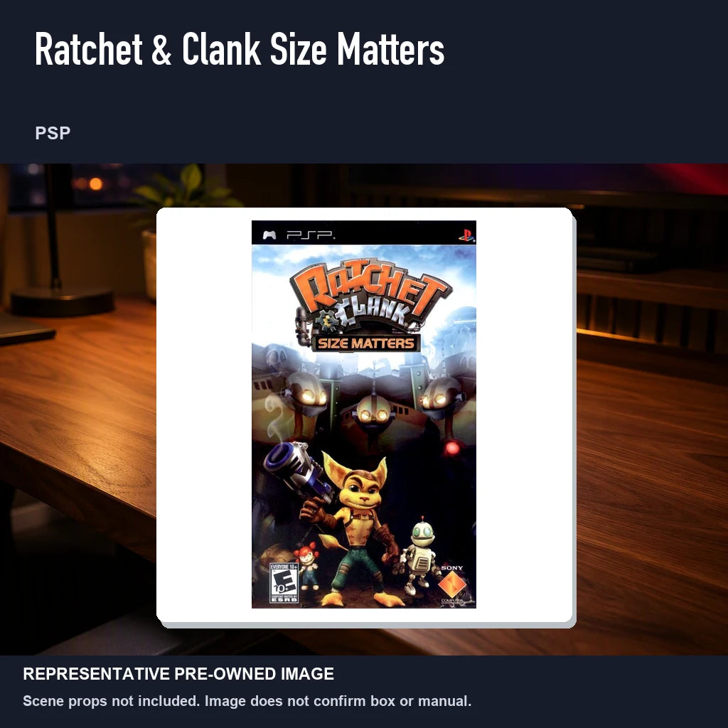 Representative pre-owned Ratchet & Clank Size Matters (PSP), product image in a styled desk scene.