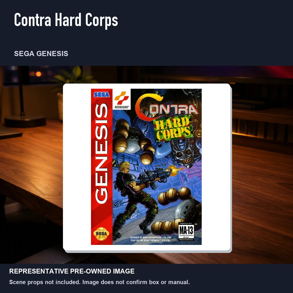 Representative pre-owned Contra Hard Corps (Sega Genesis), product image in a styled desk scene.