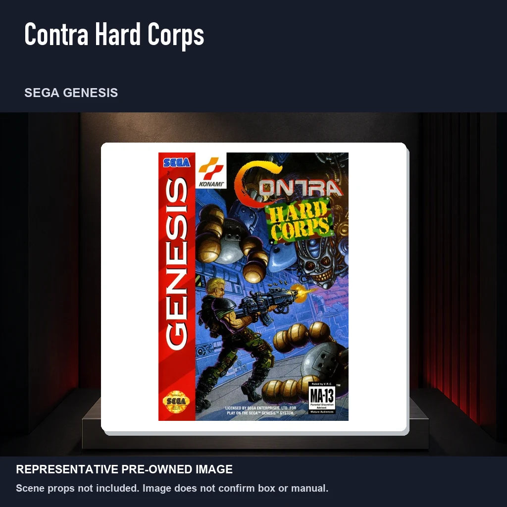 Representative pre-owned Contra Hard Corps (Sega Genesis), product image on a display panel.