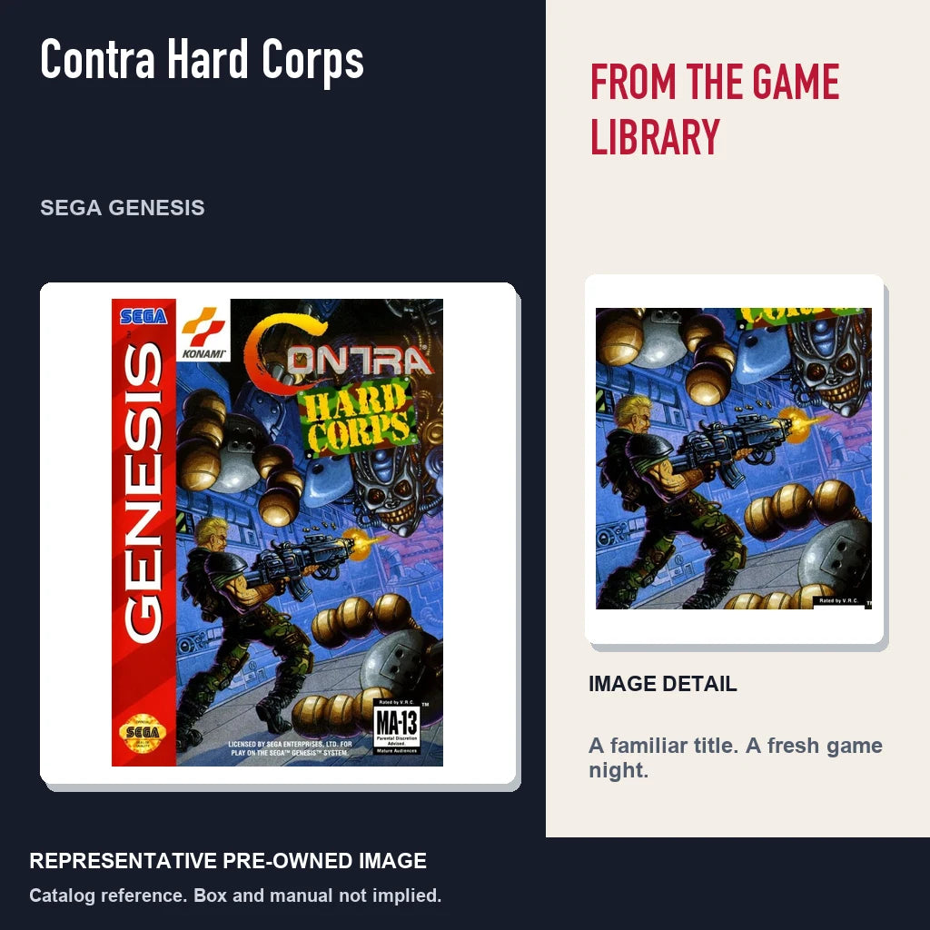 Representative pre-owned Contra Hard Corps (Sega Genesis), editorial image and detail.
