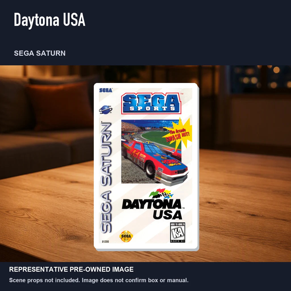 Representative pre-owned Daytona USA (Sega Saturn), product image in a styled room scene.