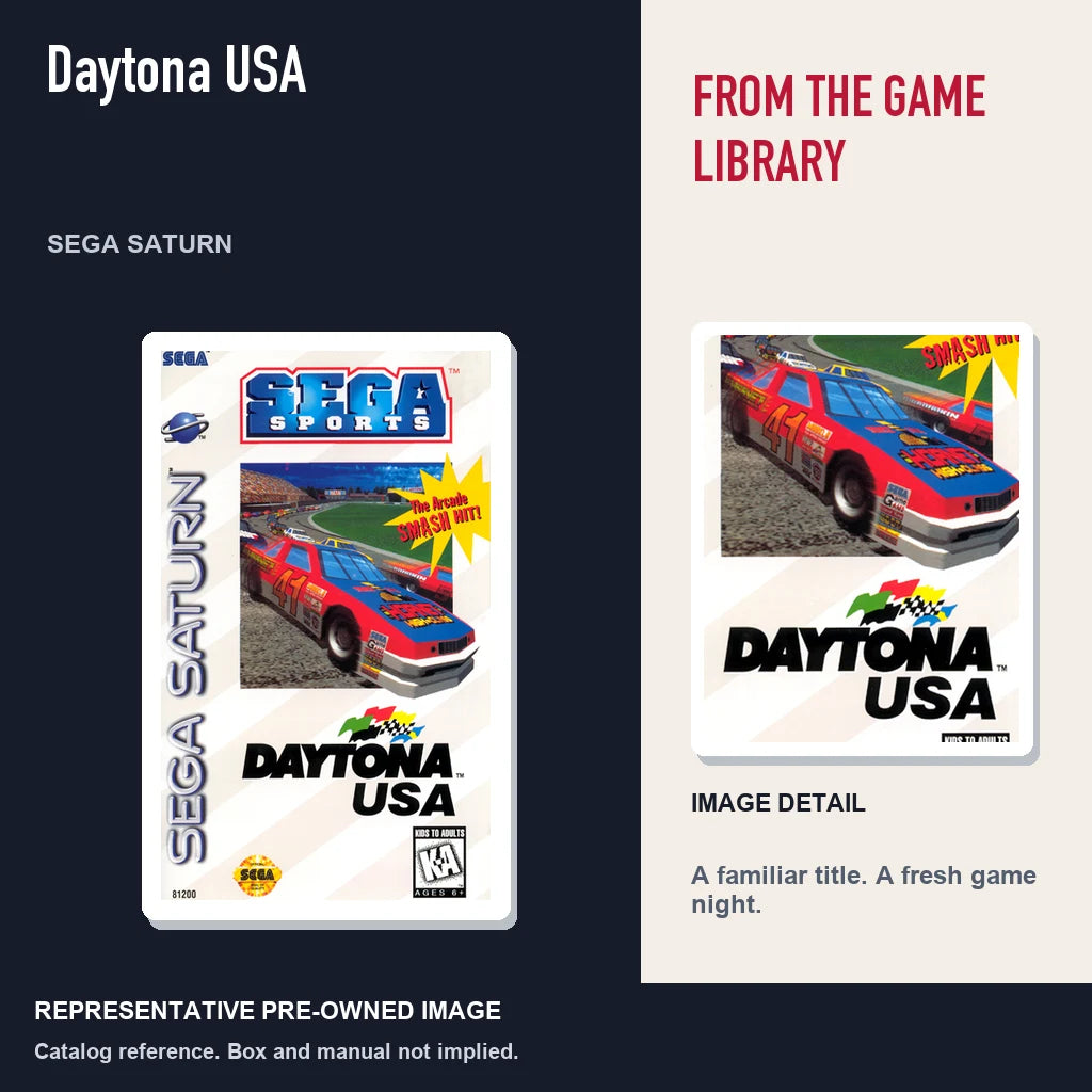 Representative pre-owned Daytona USA (Sega Saturn), editorial image and detail.