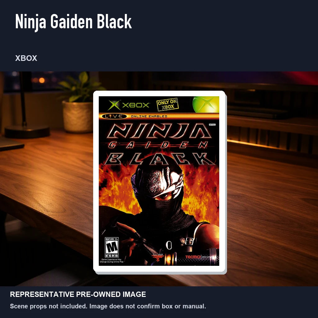 Representative pre-owned Ninja Gaiden Black (Xbox), product image in a styled desk scene.