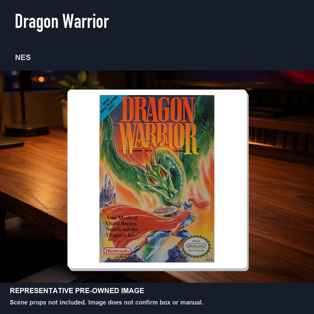 Representative pre-owned Dragon Warrior (NES), product image in a styled desk scene.