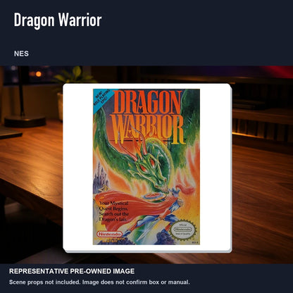 Representative pre-owned Dragon Warrior (NES), product image in a styled desk scene.