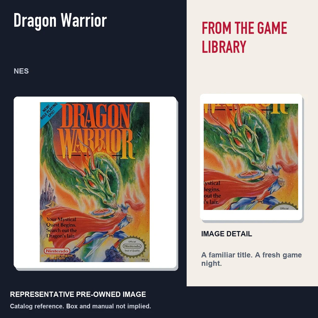 Representative pre-owned Dragon Warrior (NES), editorial image and detail.