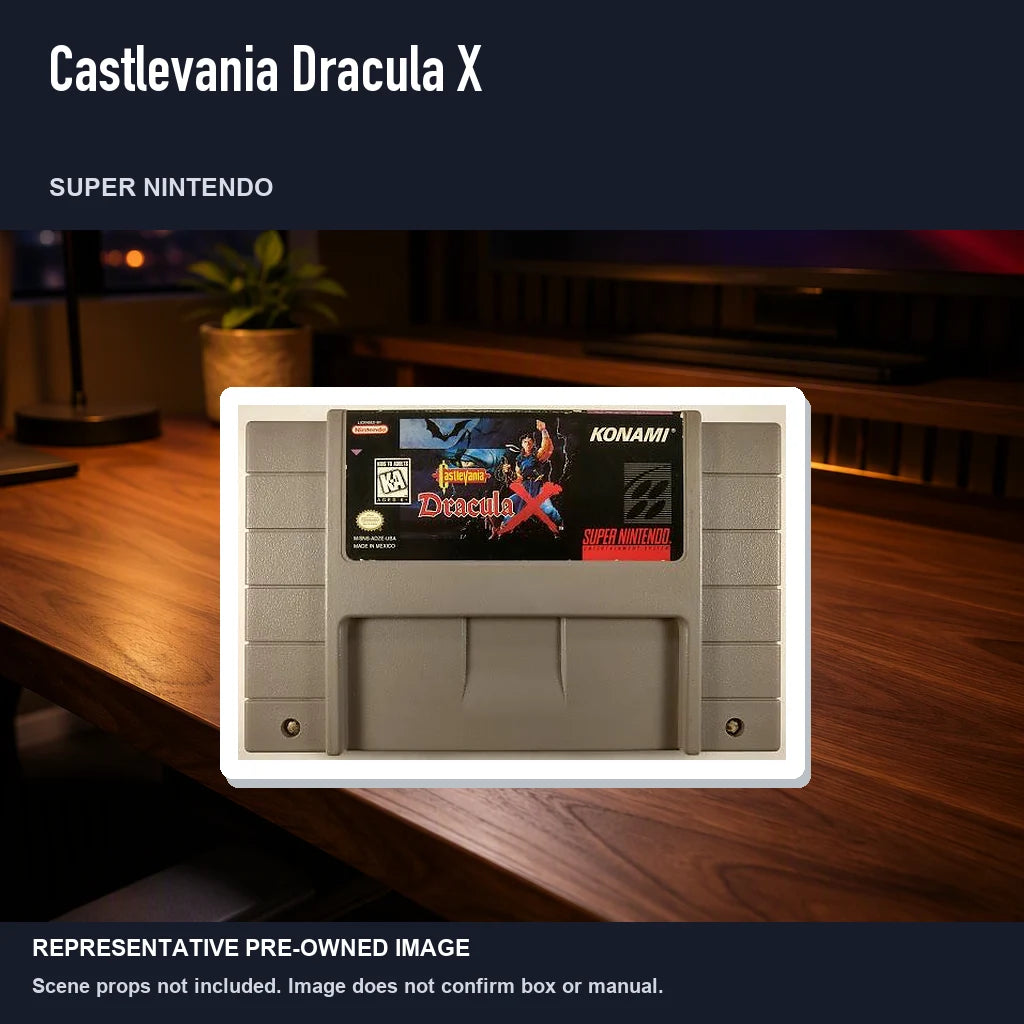 Representative pre-owned Castlevania Dracula X (Super Nintendo), product image in a styled desk scene.
