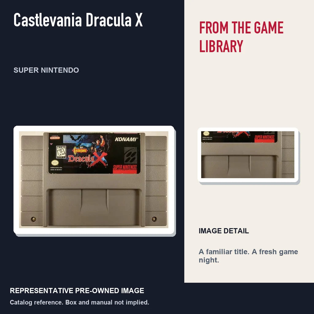 Representative pre-owned Castlevania Dracula X (Super Nintendo), editorial image and detail.