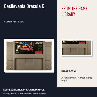 Representative pre-owned Castlevania Dracula X (Super Nintendo), editorial image and detail.