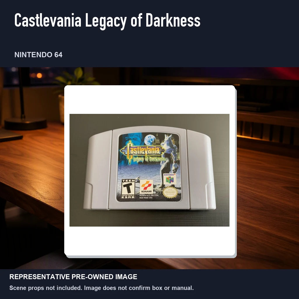 Representative pre-owned Castlevania Legacy of Darkness (Nintendo 64), product image in a styled desk scene.