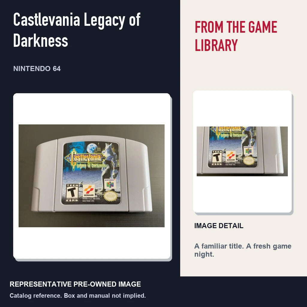 Representative pre-owned Castlevania Legacy of Darkness (Nintendo 64), editorial image and detail.