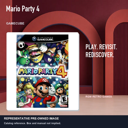Representative pre-owned Mario Party 4 (GameCube), red retro product layout.