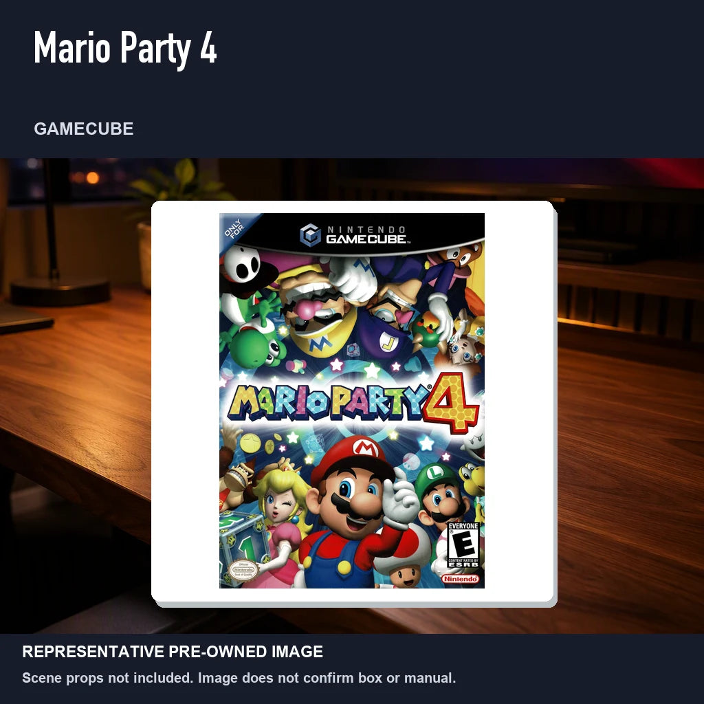 Representative pre-owned Mario Party 4 (GameCube), product image in a styled desk scene.