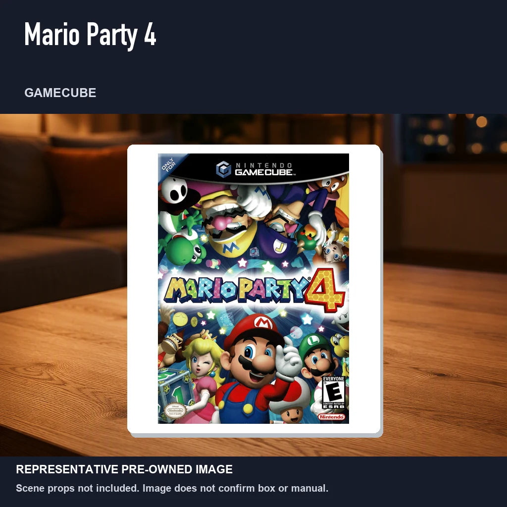 Representative pre-owned Mario Party 4 (GameCube), product image in a styled room scene.
