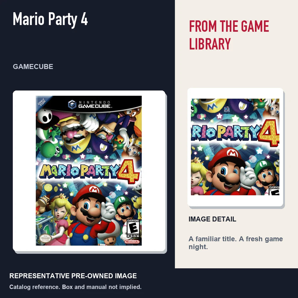 Representative pre-owned Mario Party 4 (GameCube), editorial image and detail.