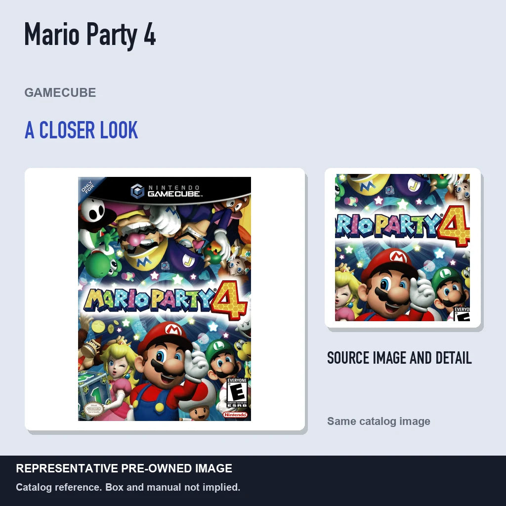 Representative pre-owned Mario Party 4 (GameCube), full image with detail inset.