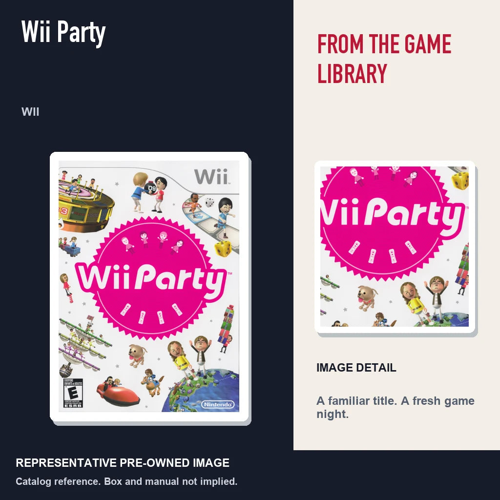 Representative pre-owned Wii Party (Wii), editorial image and detail.