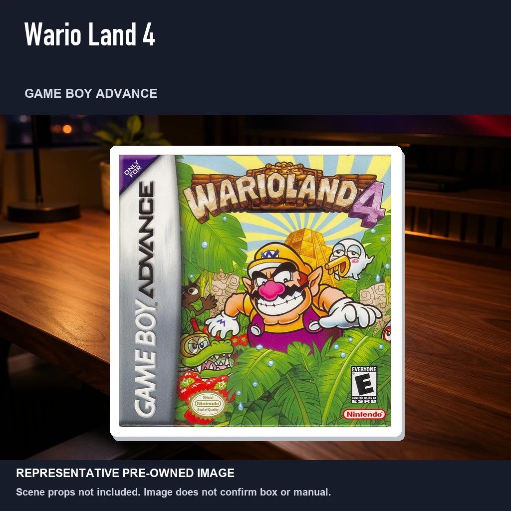 Representative pre-owned Wario Land 4 (Game Boy Advance), product image in a styled desk scene.