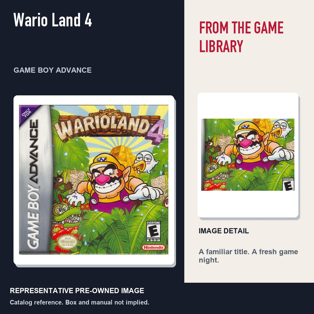Representative pre-owned Wario Land 4 (Game Boy Advance), editorial image and detail.